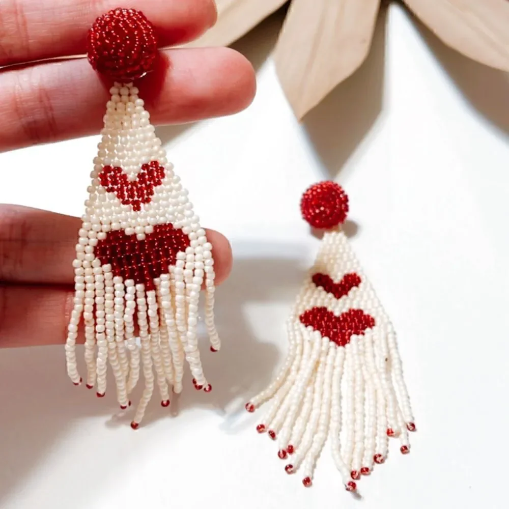Beaded heart tassel  earrings S339